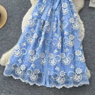 Blue Lace A Line Dress for Women Summer Puff Sleeves Waist Defining Elegant Style Available for Wholesale