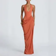 Elegant Sleeveless V Neck Solid High Waist Polyester Dress