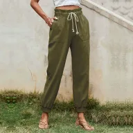 Casual Womens Pants Solid Color Cotton Linen Drawstring Cuffed Trousers in Yellow Sizes S to XL