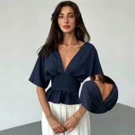 V Neck Batwing Sleeve Top Backless Slim Fit Ruffle Hem Casual Wear Summer Style Wholesale Available
