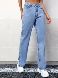 Casual Womens Straight Leg Denim Jeans Boyfriend Style Blue Color ready to ship