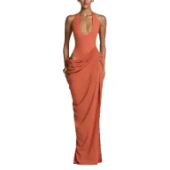 Elegant Sleeveless V Neck Solid High Waist Polyester Dress