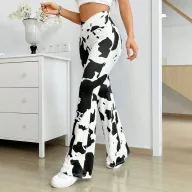 Cow Print High Waist Flare Pants for Women Stretchy Fabric Casual Style Available in Sizes S to XL Wholesale