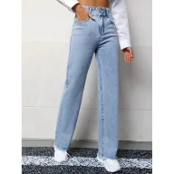 High Waist Casual Straight Leg Jeans for Women Light Blue Comfortable Fit low MOQ