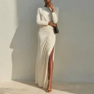 Elegant Solid Color Long Sleeve High Waist Dress for Evening Wear in Polyester