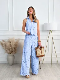 Womens Summer French Style Embroidered Hollow V Neck Tank Top and Wide Leg Pants Set in Multiple Colors Wholesale