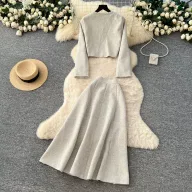 Two Piece Womens Set Cardigan with Metallic Buttons and High Waisted Skirt Autumn Fashion