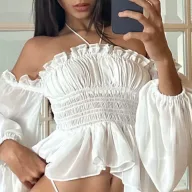 Off Shoulder Ruffled Blouse Slim Fit Lantern Sleeves Wrinkled Fabric Spring Fashion Wholesale Available