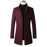 Mens Overcoat Mid Length Single Breasted Design Stand Collar Wool Blend Available in Multiple Colors and Sizes