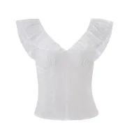 V Neck Ruffle Short Sleeve T Shirt for Women Slim Fit Casual Summer Style Available in White Wholesale