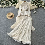 French Style V Neck Lace Top and Midi Skirt Set Elegant Slim Fit Autumn Wear Perfect for Office and Formal Occasions