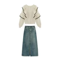 High Waist A Line Denim Skirt for Women Vintage Style Loose Fit with Side Slit Spring Fashion