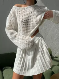 Lace Knit Two Piece Set for Women Loose Fit Sweater and Pleated Skirt Casual Fashion for Spring and Autumn Wholesale