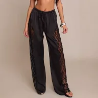 Womens Satin Lace Loose Fitting Floor Length Pants Solid Color Fashionable Elegant Design Perfect for Parties and