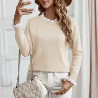 Lace Panel Round Neck Sweater French Style Soft Fabric Solid Color Womens Fashion for Spring Fall Wholesale