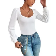Womens V Neck Long Sleeve T Shirt with Puff Sleeves and Lace Trim in White for Spring Summer Casual Wear Wholesale