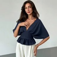 V Neck Batwing Sleeve Top Backless Slim Fit Ruffle Hem Casual Wear Summer Style Wholesale Available
