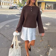 Womens Oversized Knit Sweater Round Neck Button Detail Long Sleeve Solid Color Casual Autumn Winter Top OEM