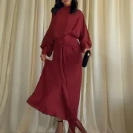High Waist Long Sleeve Stand Collar Elegant Solid Red Chiffon Dress for Women
