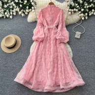 French Romantic Style Lace A Line Dress for Women Stand Collar Lantern Sleeves Waist Defining Elegant Mesh Perfect