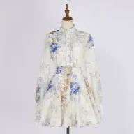 Vintage Floral Print Beaded Lantern Sleeve Top and A Line Skirt Two Piece Set for Women Wholesale Fashion Casual Outfit