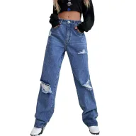 High Waist Wide Leg Distressed Denim Jeans for Women Casual Loose Fit Blue low MOQ