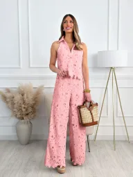 Womens Summer French Style Embroidered Hollow V Neck Tank Top and Wide Leg Pants Set in Multiple Colors Wholesale