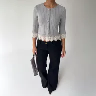 Gray Knit Top for Women Lace Panel Slim Fit Versatile Style Perfect for Casual Wear or Layering Wholesale Available