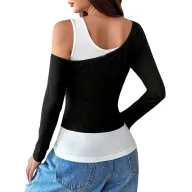 Asymmetrical Black Tank Top with Long Sleeves and Unique Design for Spring and Autumn Wholesale low MOQ