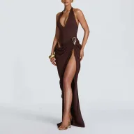 Elegant Sleeveless V Neck Solid High Waist Polyester Dress