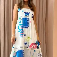 High Waist Polyester Sleeveless Square Collar Dress for Office Lady