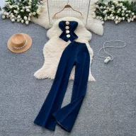 Womens Denim Set Metallic Button Cami Top and High Waist Slim Flare Pants Casual Fashion