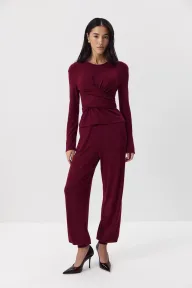 Womens Casual Two Piece Set Soft Modal Fabric Drawstring Waist Top and Jogger Pants Available in Red and Gray