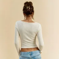 Womens Long Sleeve Knit Top Slim Fit Round Neck Soft Apricot Fabric Casual Wear