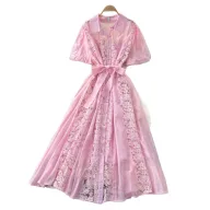 Pink Lace Embroidered A Line Dress High Waist Slim Fit Elegant Style Summer Occasion Wholesale Available