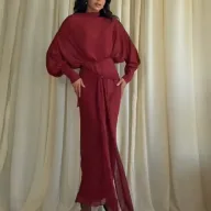 High Waist Long Sleeve Stand Collar Elegant Solid Red Chiffon Dress for Women