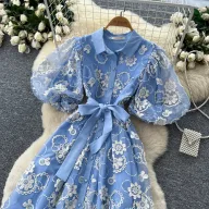 Blue Lace A Line Dress for Women Summer Puff Sleeves Waist Defining Elegant Style Available for Wholesale