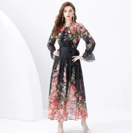 Womens Two Piece Set Long Sleeve Printed Chiffon Top and High Waist Maxi Skirt Casual Summer Outfit