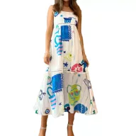 High Waist Polyester Sleeveless Square Collar Dress for Office Lady