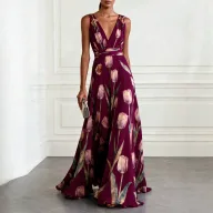 Floral Maxi Dress Casual Loose Fit Waist Defined V Neck Sleeveless Summer Vacation Wear Wholesale Available