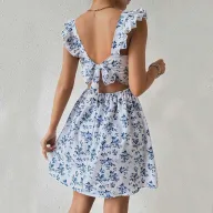Floral Print Backless Dress Slim Fit Short Sleeve V Neck Summer Style Available in White and Blue Wholesale Low MOQ