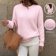 Womens Pink Round Neck Sweater Soft Faux Mink Fabric Casual Wear for Valentines Day