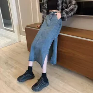 High Waist A Line Denim Skirt Vintage Style Mid Length with Asymmetrical Slit Casual Summer Wear