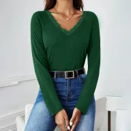 Loose Fit Womens T Shirt V Neck Long Sleeve Lace Panel Design Casual Wear