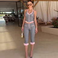 Summer Womens Outfit Set Unique Zipper Halter Neck Backless Top Ruffled Hem Slim Fit 5 Point Pants Casual Wear