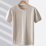 Cotton Knitted Short Sleeve Striped T Shirt for Men in Various Colors and Sizes