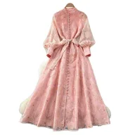 French Romantic Style Embroidered A Line Dress Lantern Sleeves High Collar Waist Defining Elegant Long Dress