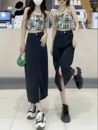 Plus Size Black Denim A Line Skirt with High Waist and Side Slit for Spring Summer Wholesale private label