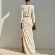Elegant Solid Color Long Sleeve High Waist Dress for Evening Wear in Polyester