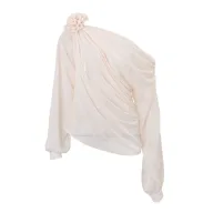 Womens Long Sleeve T Shirt Sheer Mesh Floral Decoration Asymmetrical Shoulder Trendy Street Style Wholesale